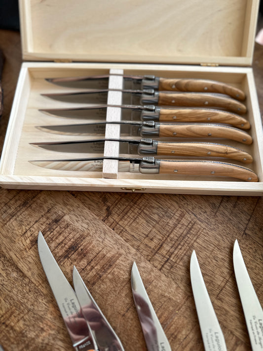 Box of 6 LAGUIOLE olive wood steak knives Made in France