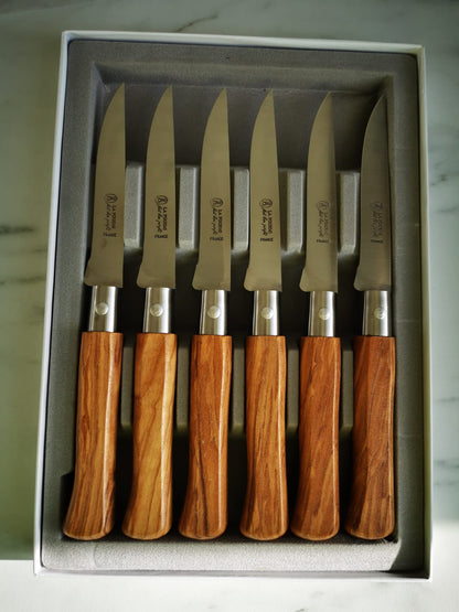 Coffret de 6 couteaux à steak Country La Fourmi manche en bois d'olivier fabrication 100% 🇫🇷 Française.