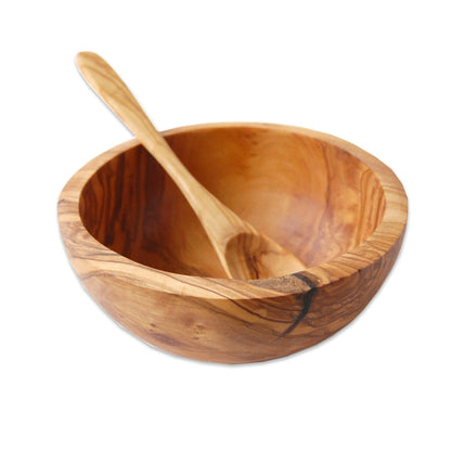Muesli bowl with soup spoon made of olive wood, diameter: approx. Ø 16 cm