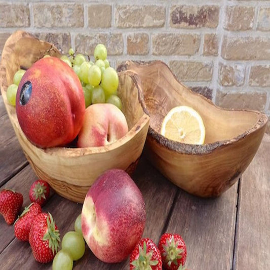 Bol à fruits avec un bord rustique (longueur environ 25-29 cm) en bois d'olivier - ALLWENEEDIS