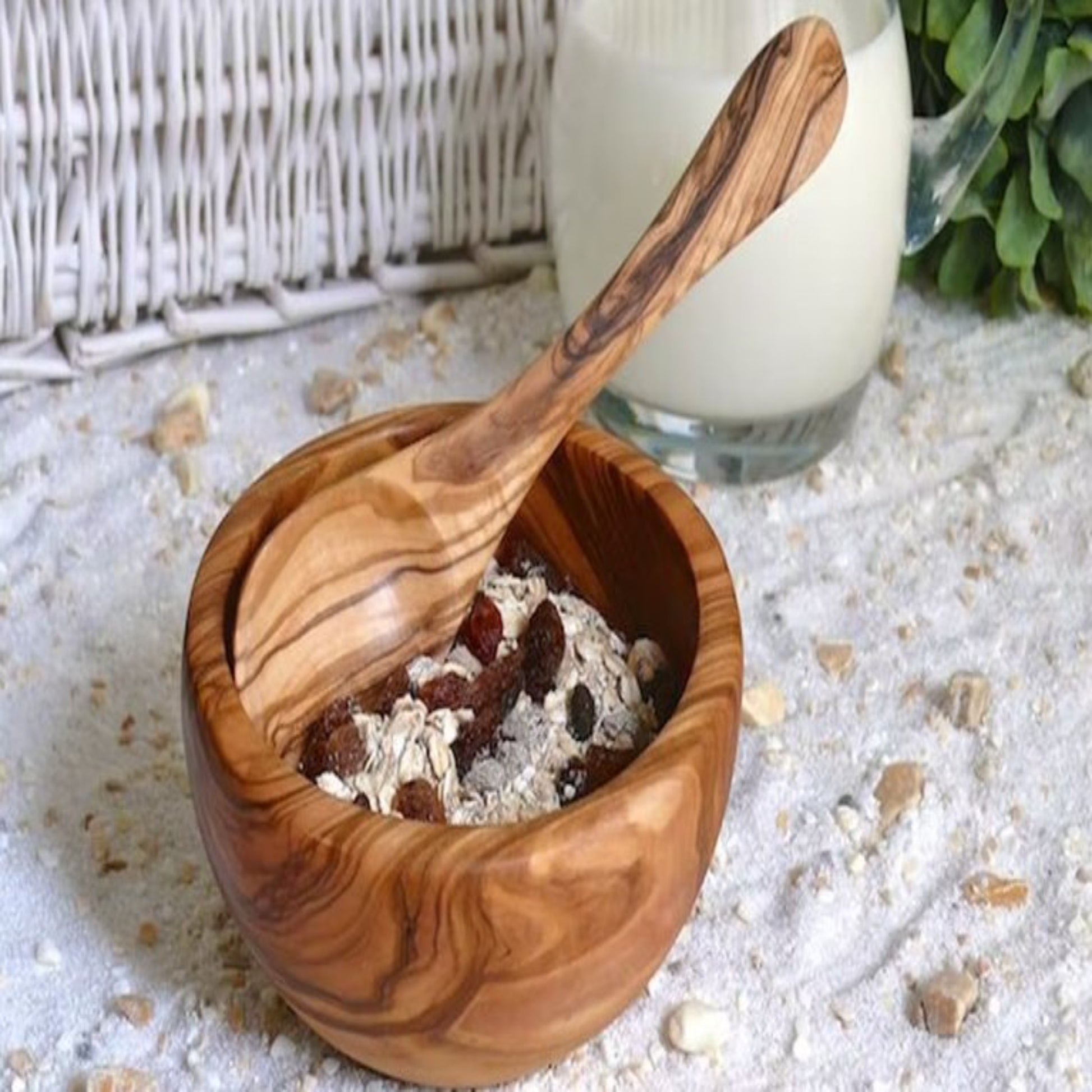Bol à muesli avec cuillère à soupe en bois d'olivier, diamètre environ 14 cm - ALLWENEEDIS