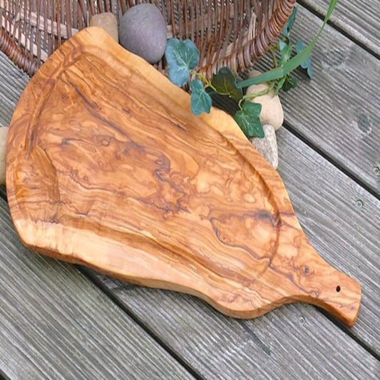 Planche à découper avec rainure de jus et poignée (longueur env. 40 - 44 cm), bois d'olivier - ALLWENEEDIS